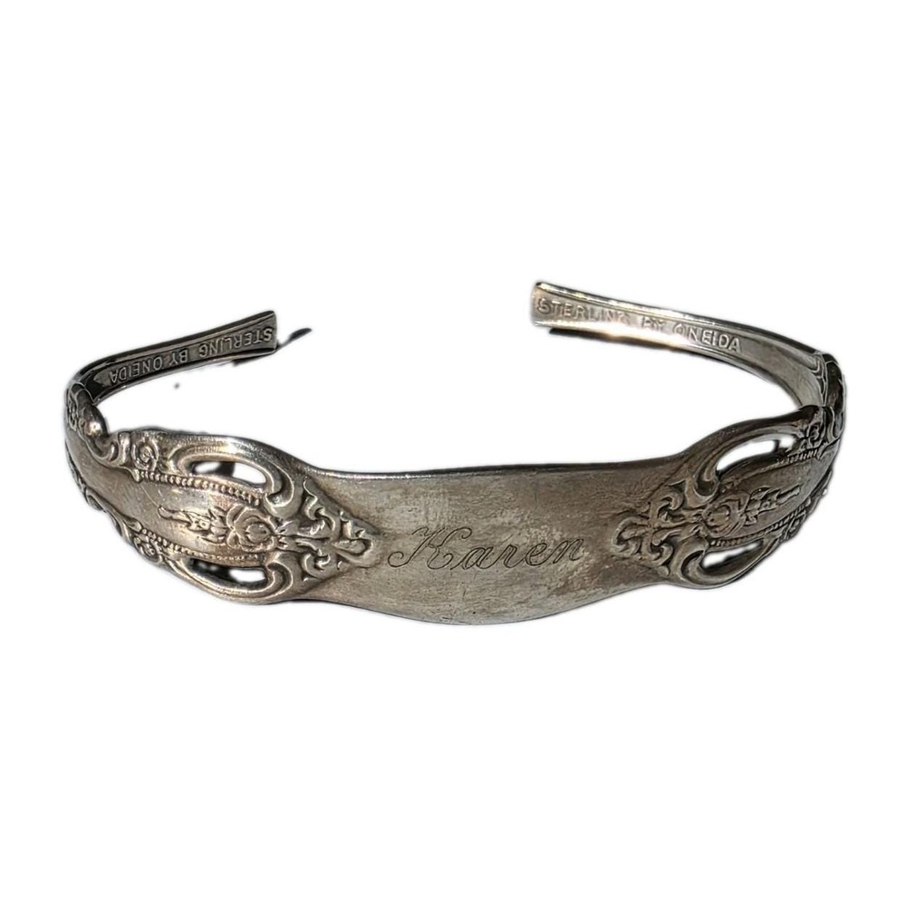 Vintage 1976 Oneida Sterling Silver Spoon Cuff Bracelet Engraved Karen 13g